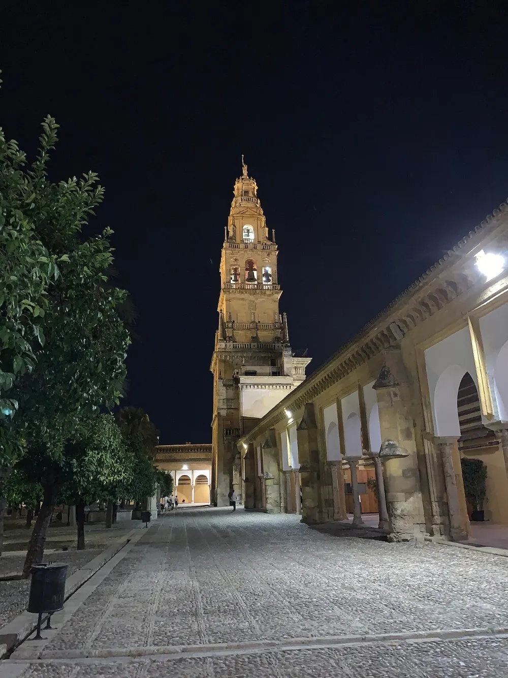 La torre campanario de la Mezquita-Catedral de Córdoba iluminada de noche vista desde el Patio de los Naranjos